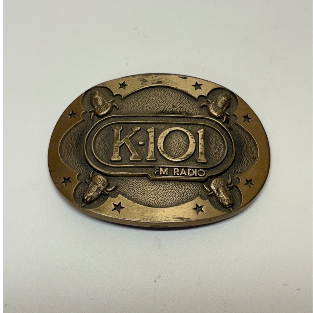 Vintage K-101 FM Radio Solid Brass Belt Buckle Buffalo Stars Award Design Medals